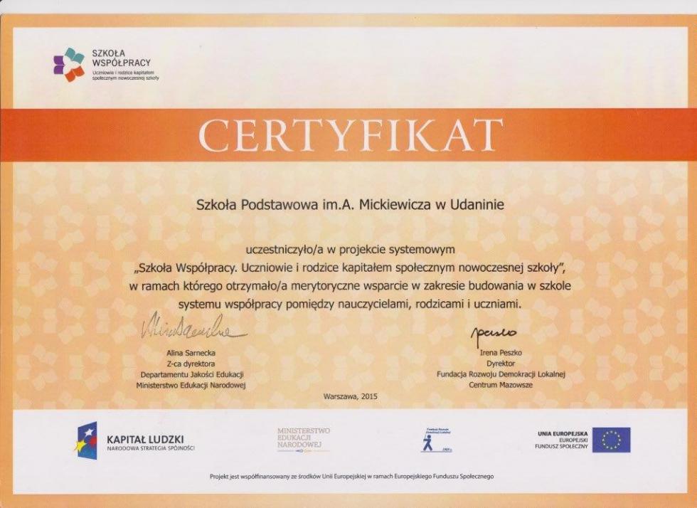 Certyfikat Szkoy Wsppracy dla SP Udanin